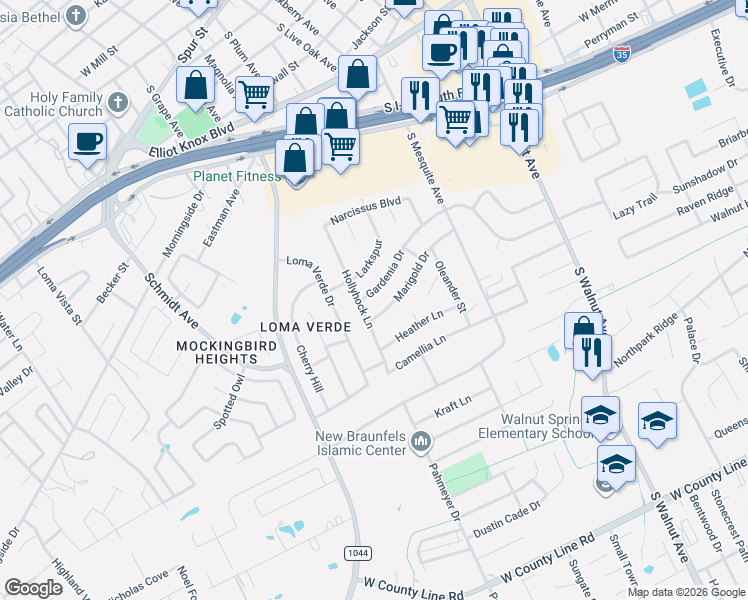 map of restaurants, bars, coffee shops, grocery stores, and more near 1791 Marigold Drive in New Braunfels