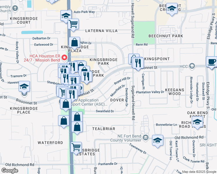 map of restaurants, bars, coffee shops, grocery stores, and more near 14338 Royal Hill Drive in Houston