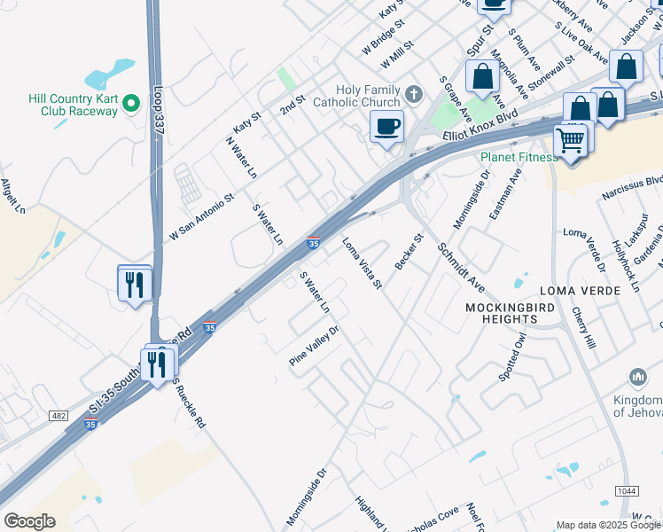 map of restaurants, bars, coffee shops, grocery stores, and more near 2911 Sunset Drive in New Braunfels