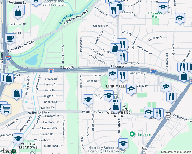 map of restaurants, bars, coffee shops, grocery stores, and more near 4110 Lemac Drive in Houston