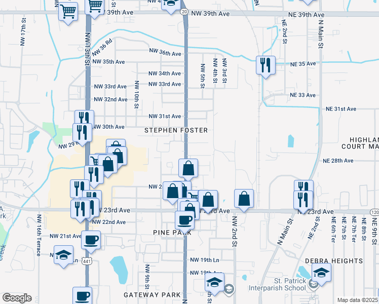 map of restaurants, bars, coffee shops, grocery stores, and more near 2903 Northwest 6th Street in Gainesville