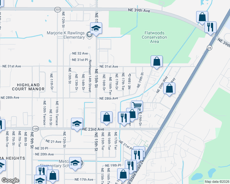 map of restaurants, bars, coffee shops, grocery stores, and more near 2909 Northeast 16th Terrace in Gainesville
