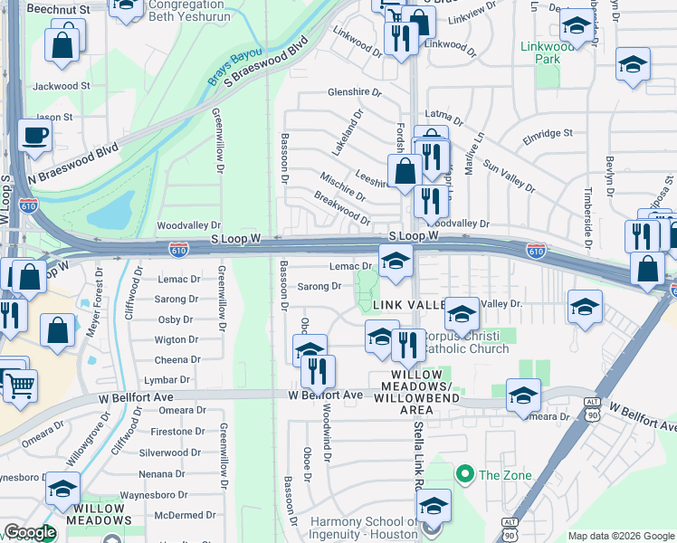 map of restaurants, bars, coffee shops, grocery stores, and more near 4110 Lemac Drive in Houston