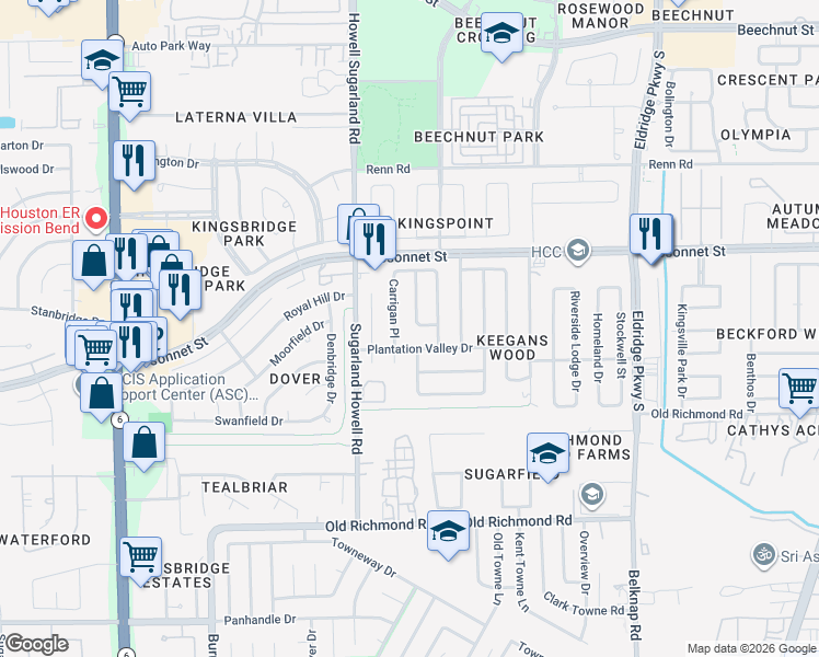 map of restaurants, bars, coffee shops, grocery stores, and more near 9311 Spindlewood Drive in Houston