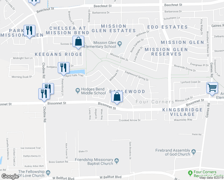map of restaurants, bars, coffee shops, grocery stores, and more near 9319 Eaglewood Glen Trail in Houston