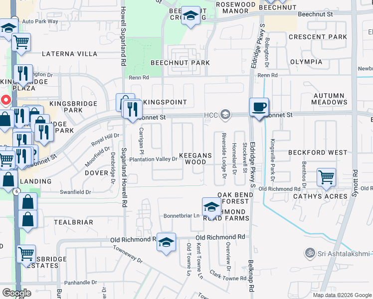 map of restaurants, bars, coffee shops, grocery stores, and more near 9322 Danforth Way in Houston