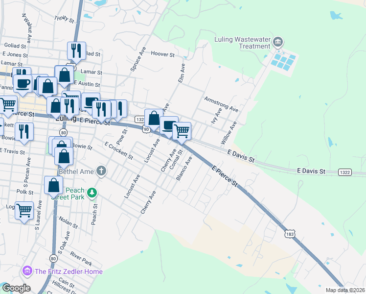 map of restaurants, bars, coffee shops, grocery stores, and more near 1327 East Davis Street in Luling