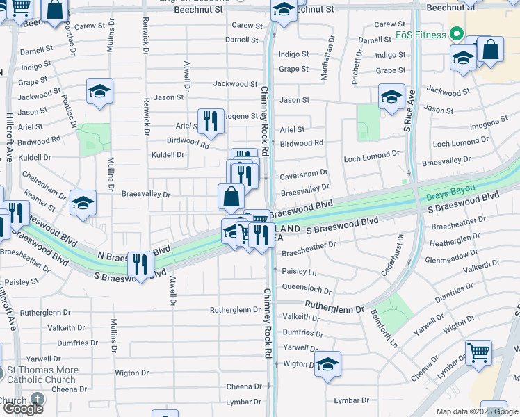 map of restaurants, bars, coffee shops, grocery stores, and more near 5300 North Braeswood Boulevard in Houston