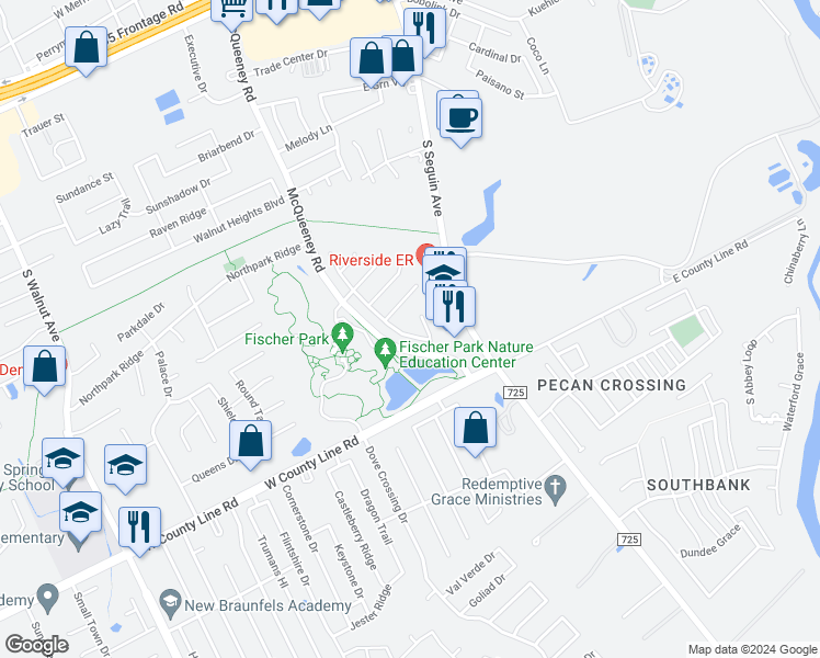 map of restaurants, bars, coffee shops, grocery stores, and more near 2257 Hidden Meadow in New Braunfels