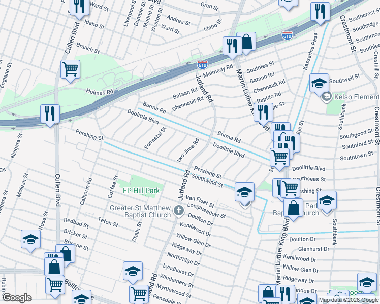 map of restaurants, bars, coffee shops, grocery stores, and more near 7331 Iwo Jima Road in Houston