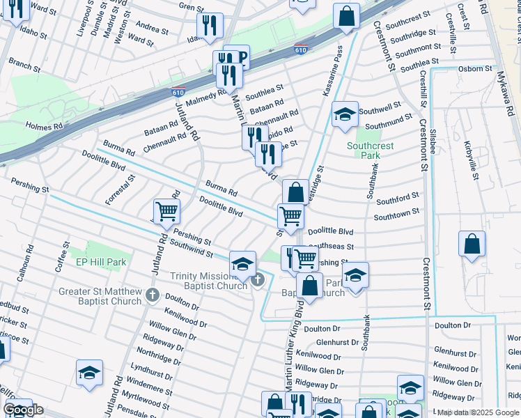 map of restaurants, bars, coffee shops, grocery stores, and more near 7218 Kassarine Pass in Houston