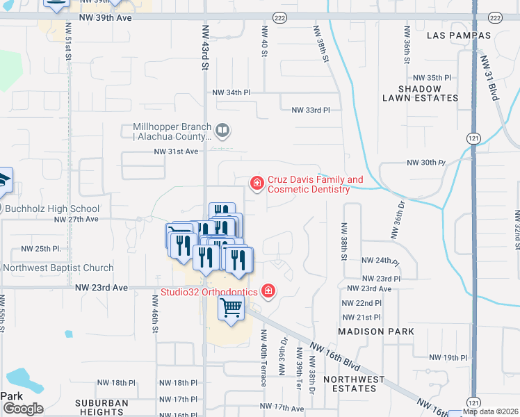 map of restaurants, bars, coffee shops, grocery stores, and more near 2833 Northwest 41 Street in Gainesville
