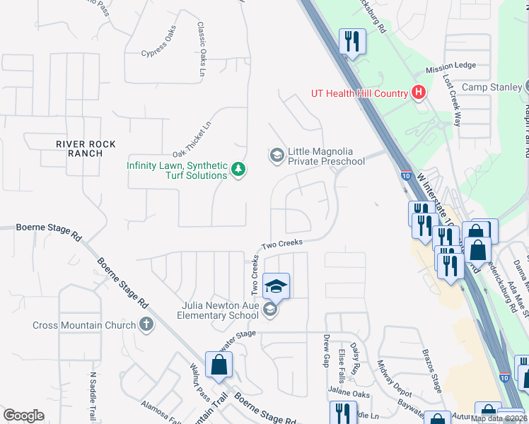 map of restaurants, bars, coffee shops, grocery stores, and more near 8249 Two Winds in San Antonio