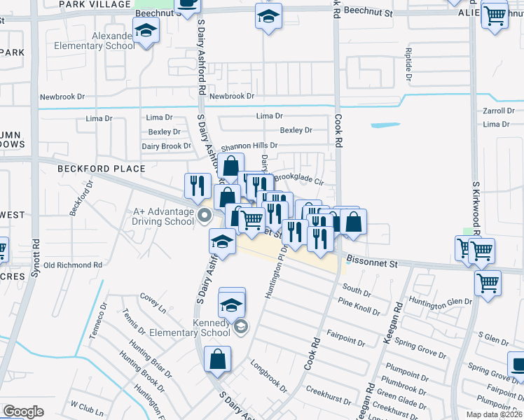 map of restaurants, bars, coffee shops, grocery stores, and more near 12600 Bissonnet Street in Houston