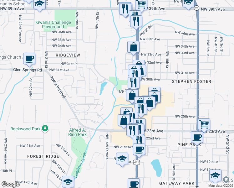 map of restaurants, bars, coffee shops, grocery stores, and more near 1515 Northwest 29 Road in Gainesville