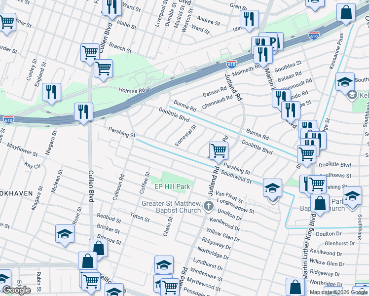 map of restaurants, bars, coffee shops, grocery stores, and more near 7339 Forrestal Street in Houston