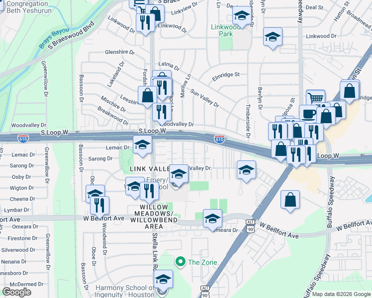 map of restaurants, bars, coffee shops, grocery stores, and more near 9602 Marlive Lane in Houston