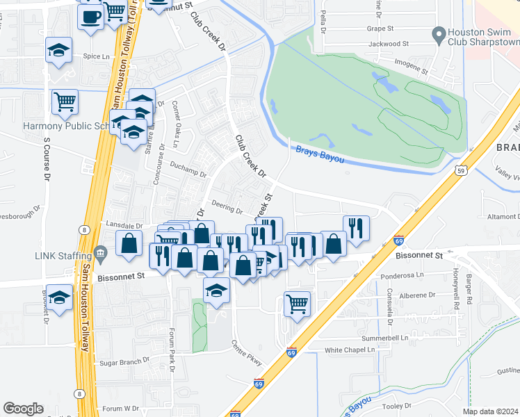 map of restaurants, bars, coffee shops, grocery stores, and more near 9350 Country Creek Street in Houston