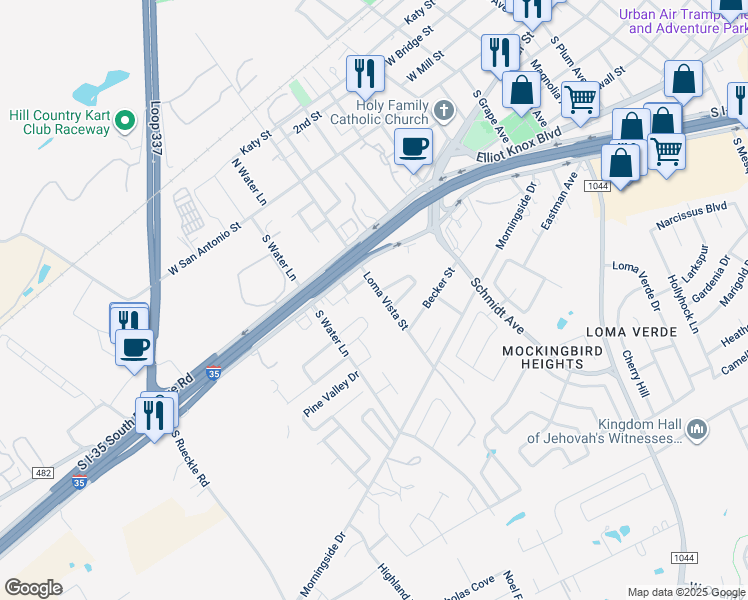 map of restaurants, bars, coffee shops, grocery stores, and more near 2754 Heynis North in New Braunfels
