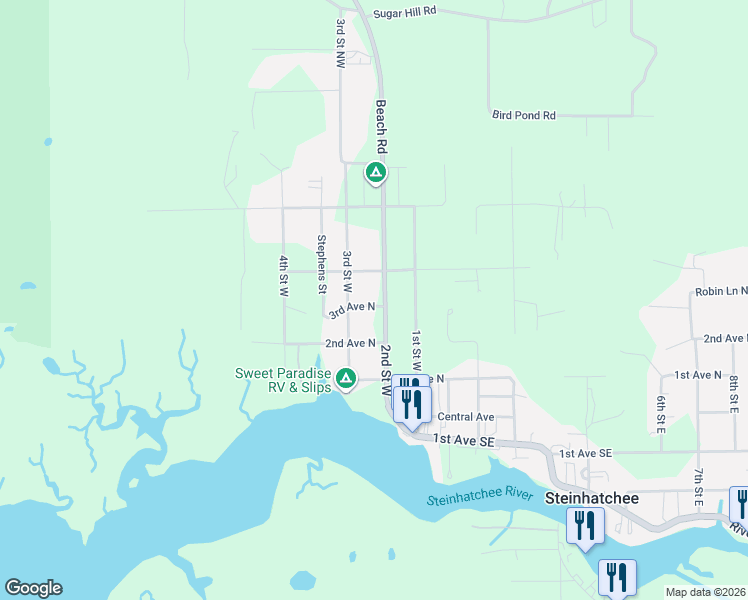 map of restaurants, bars, coffee shops, grocery stores, and more near 203 3rd Avenue Northwest in Steinhatchee