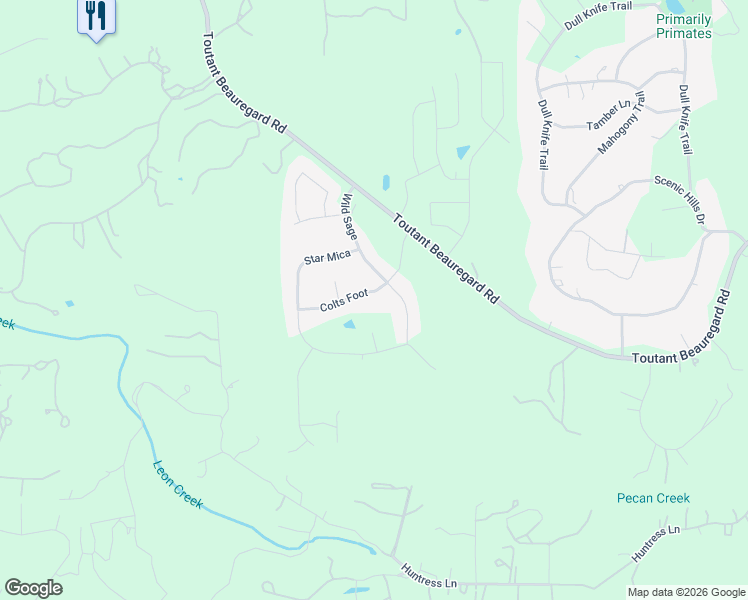 map of restaurants, bars, coffee shops, grocery stores, and more near 10415 Colts Foot in Boerne