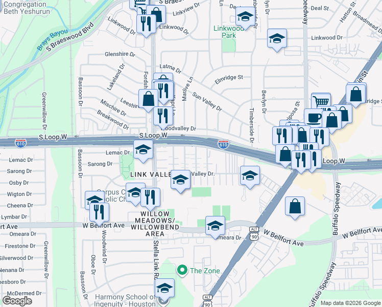 map of restaurants, bars, coffee shops, grocery stores, and more near 9602 Marlive Lane in Houston