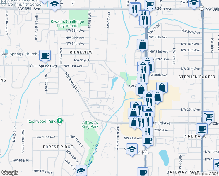 map of restaurants, bars, coffee shops, grocery stores, and more near 1603 Northwest 29 Road in Gainesville