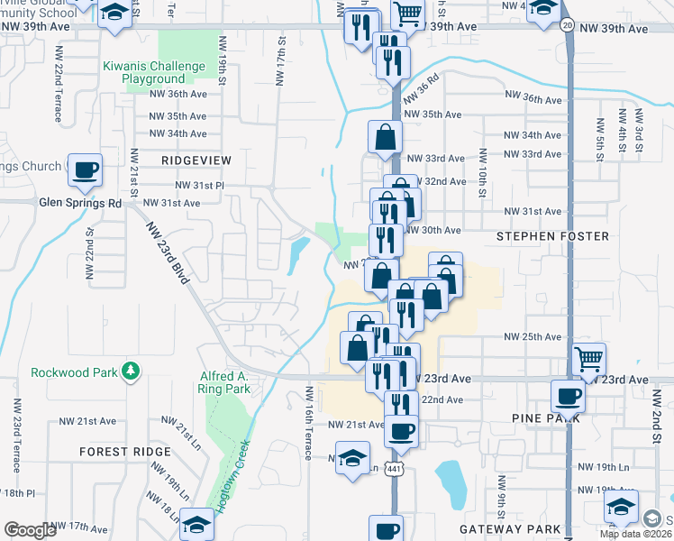map of restaurants, bars, coffee shops, grocery stores, and more near 1515 Northwest 29 Road in Gainesville