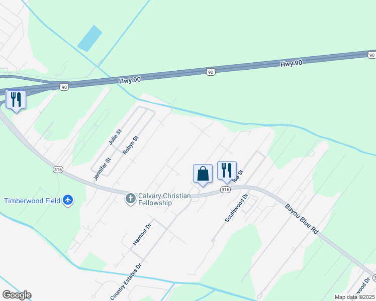 map of restaurants, bars, coffee shops, grocery stores, and more near 198 Amber Ln in Houma
