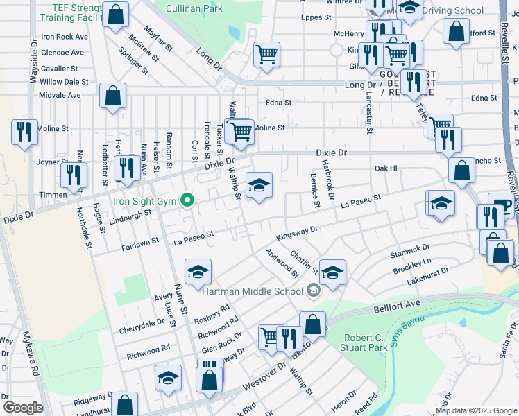 map of restaurants, bars, coffee shops, grocery stores, and more near 5905 Waltrip Street in Houston