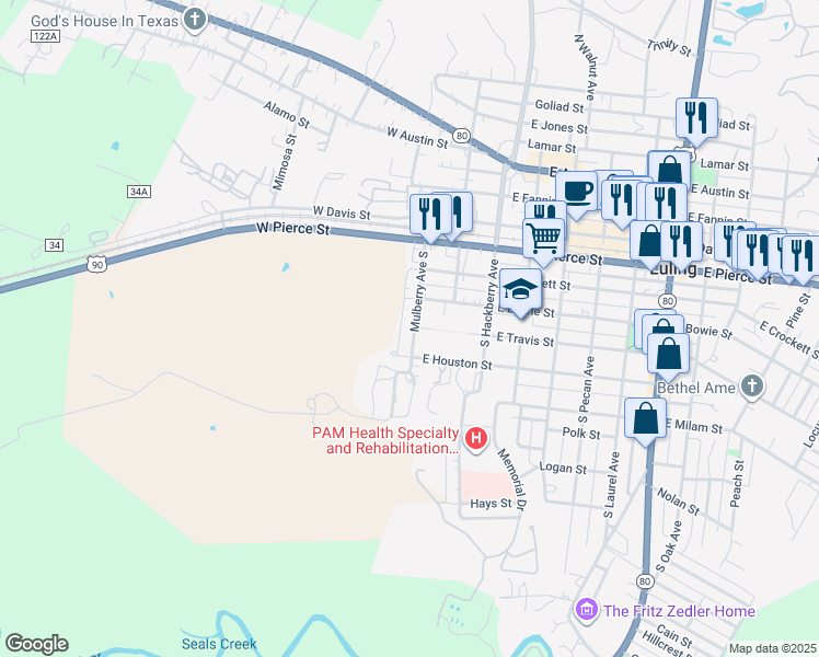 map of restaurants, bars, coffee shops, grocery stores, and more near 308 South Mulberry Street in Luling