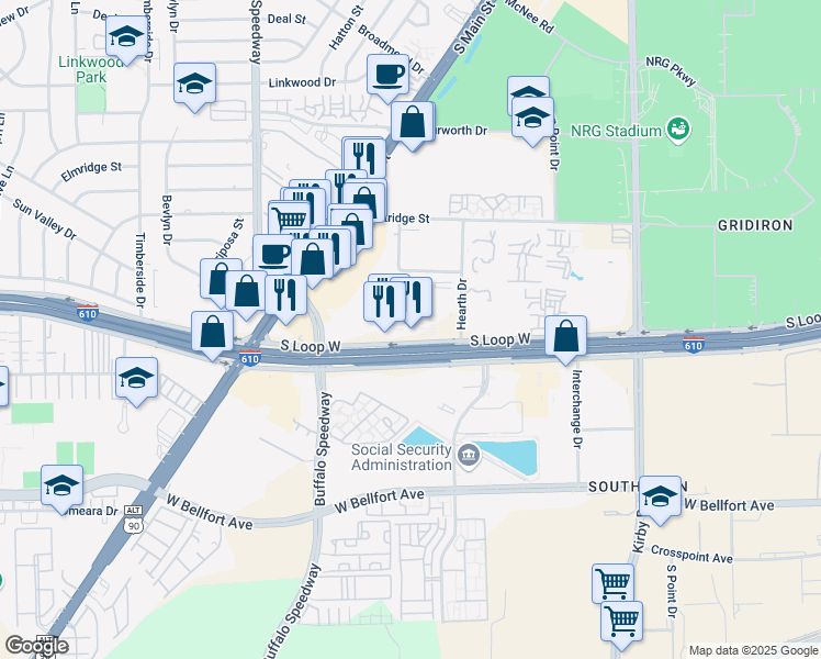 map of restaurants, bars, coffee shops, grocery stores, and more near 2626 South Loop West Freeway in Houston