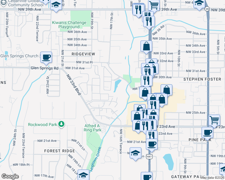 map of restaurants, bars, coffee shops, grocery stores, and more near 1603 Northwest 29 Road in Gainesville