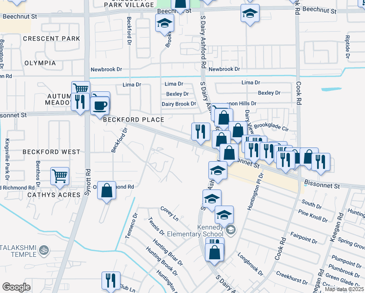 map of restaurants, bars, coffee shops, grocery stores, and more near 12803 Glenwolde Drive in Houston