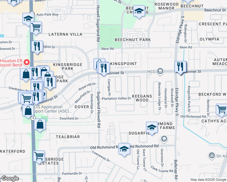 map of restaurants, bars, coffee shops, grocery stores, and more near 9311 Spindlewood Drive in Houston