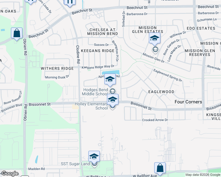 map of restaurants, bars, coffee shops, grocery stores, and more near 16510 Bissonnet St in Houston