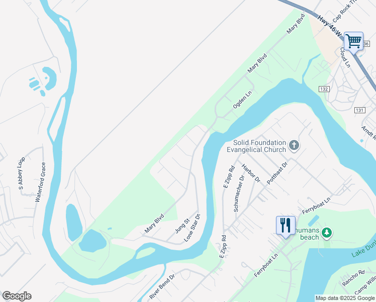 map of restaurants, bars, coffee shops, grocery stores, and more near 774 Julia Street in New Braunfels