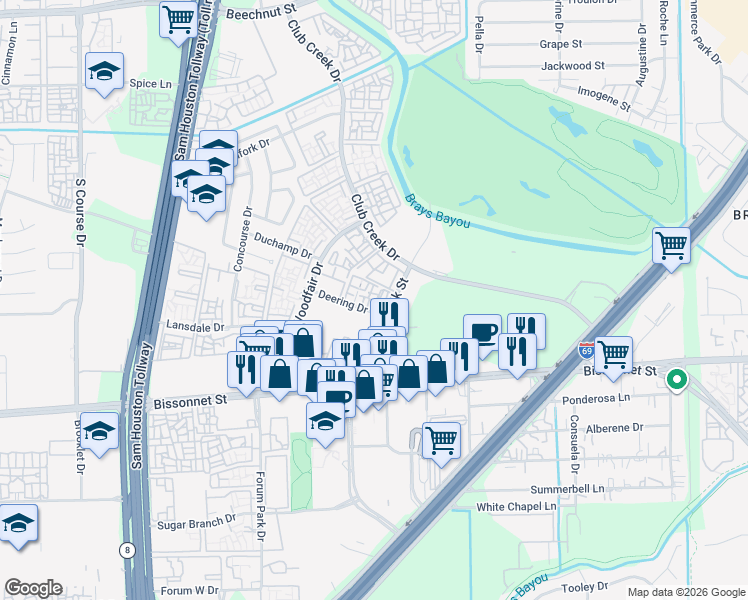 map of restaurants, bars, coffee shops, grocery stores, and more near 9350 Country Creek Drive in Houston