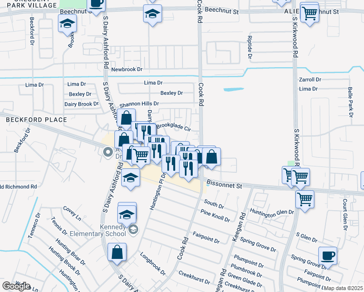 map of restaurants, bars, coffee shops, grocery stores, and more near 12403 Magnolia Canyon in Houston