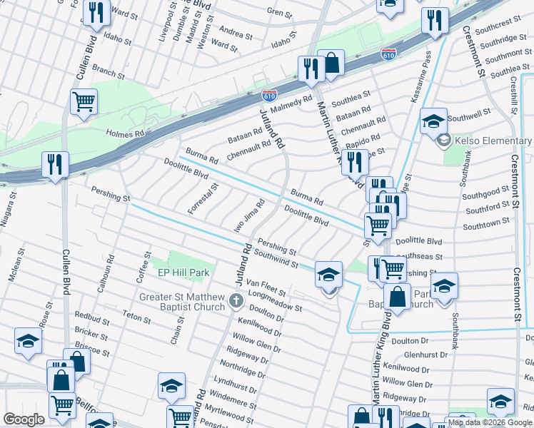 map of restaurants, bars, coffee shops, grocery stores, and more near 7303 Jutland Road in Houston