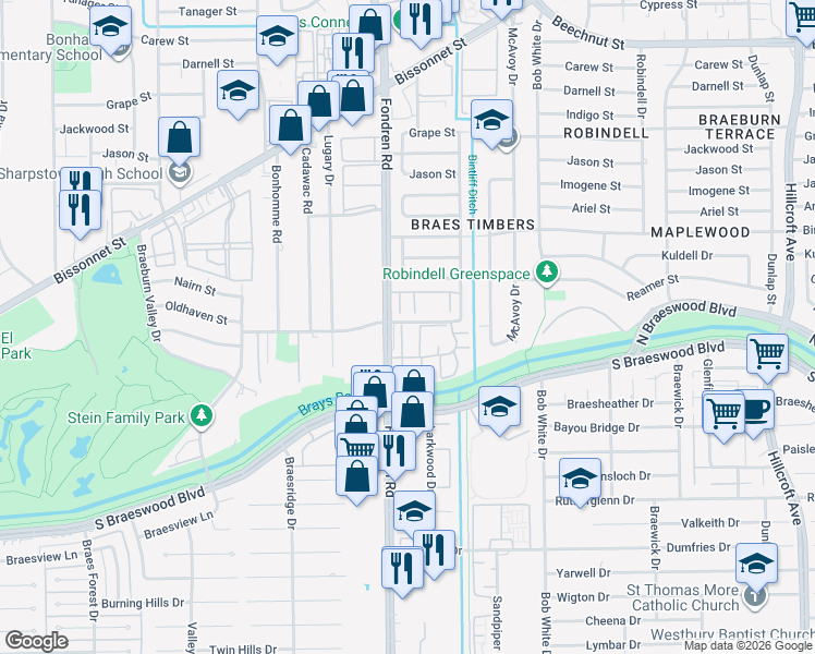 map of restaurants, bars, coffee shops, grocery stores, and more near 6671 Wanda Lane in Houston