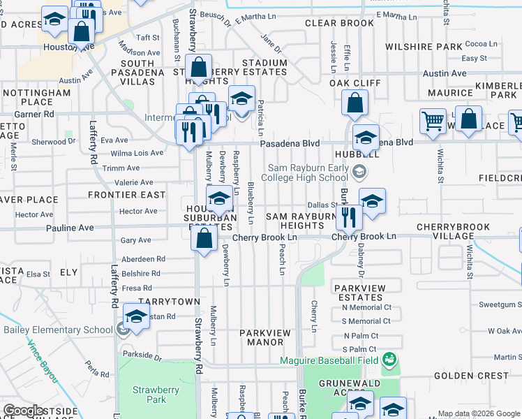 map of restaurants, bars, coffee shops, grocery stores, and more near 2207 Huckleberry Lane in Pasadena