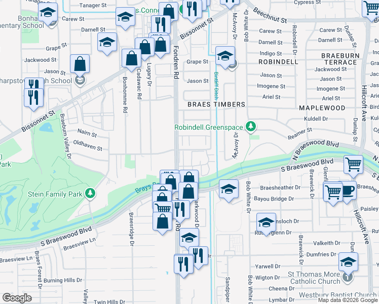 map of restaurants, bars, coffee shops, grocery stores, and more near 6671 Wanda Lane in Houston