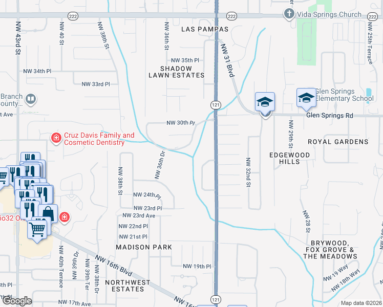 map of restaurants, bars, coffee shops, grocery stores, and more near 3511 Northwest 30th Boulevard in Gainesville