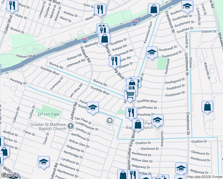 map of restaurants, bars, coffee shops, grocery stores, and more near 5229 Burma Road in Houston