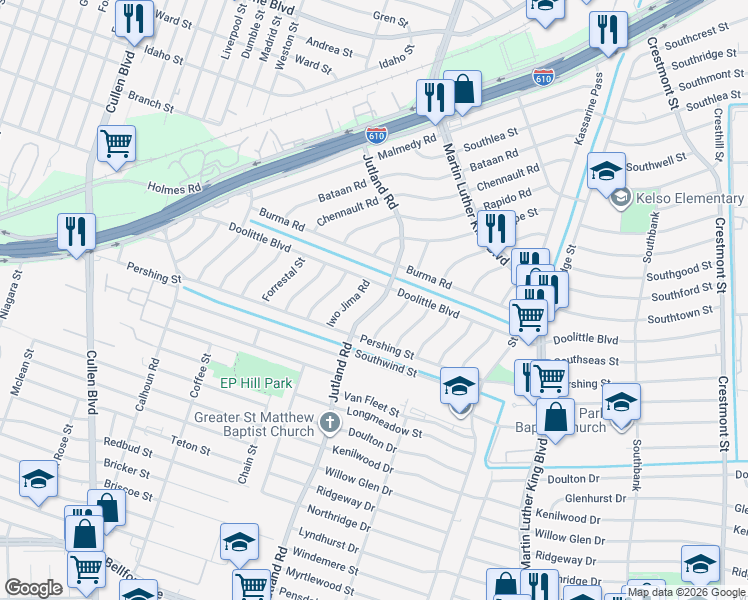 map of restaurants, bars, coffee shops, grocery stores, and more near 7303 Jutland Road in Houston
