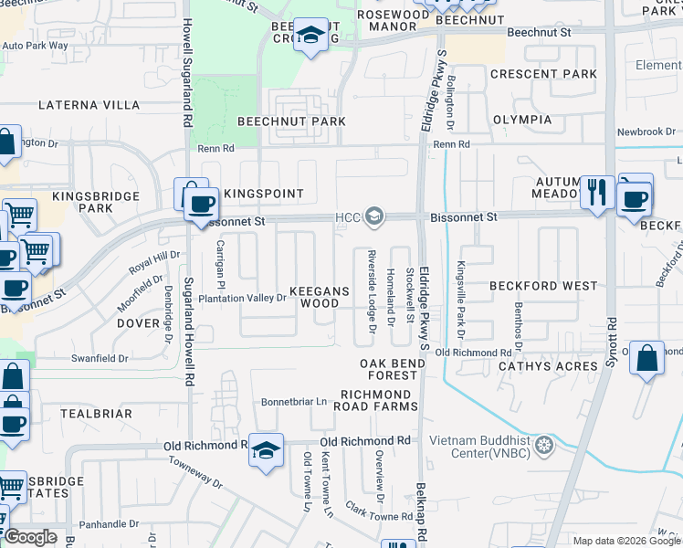 map of restaurants, bars, coffee shops, grocery stores, and more near 9242 Wellsworth Drive in Houston