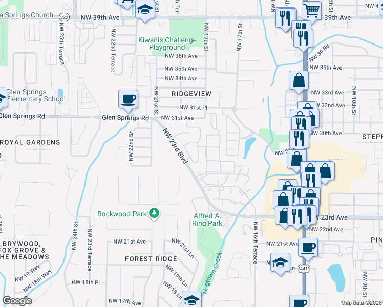 map of restaurants, bars, coffee shops, grocery stores, and more near 2801 Northwest 23rd Boulevard in Gainesville