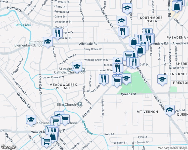 map of restaurants, bars, coffee shops, grocery stores, and more near 2107 Lamina Lane in Houston