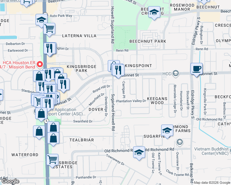map of restaurants, bars, coffee shops, grocery stores, and more near 9322 Westacre Place in Houston